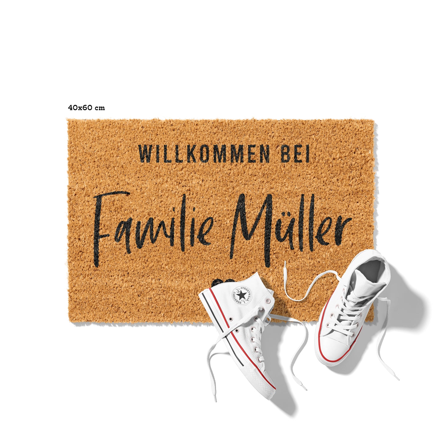 Personalisierbare Kokosmatte mit „Willkommen bei Familie“ – Fußmatte aus Kokos für den Eingangsbereich