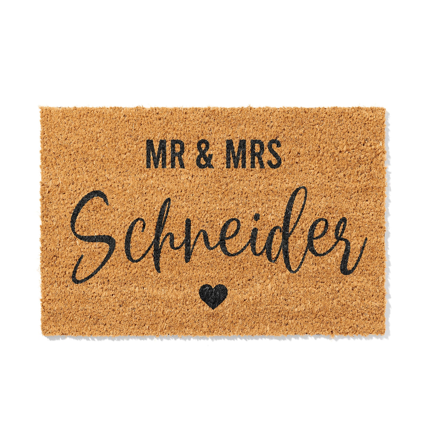 Personalisierbare Kokosmatte mit „Mr. & Mrs.“ und Familienname – Fußmatte aus Kokos für den Eingangsbereich