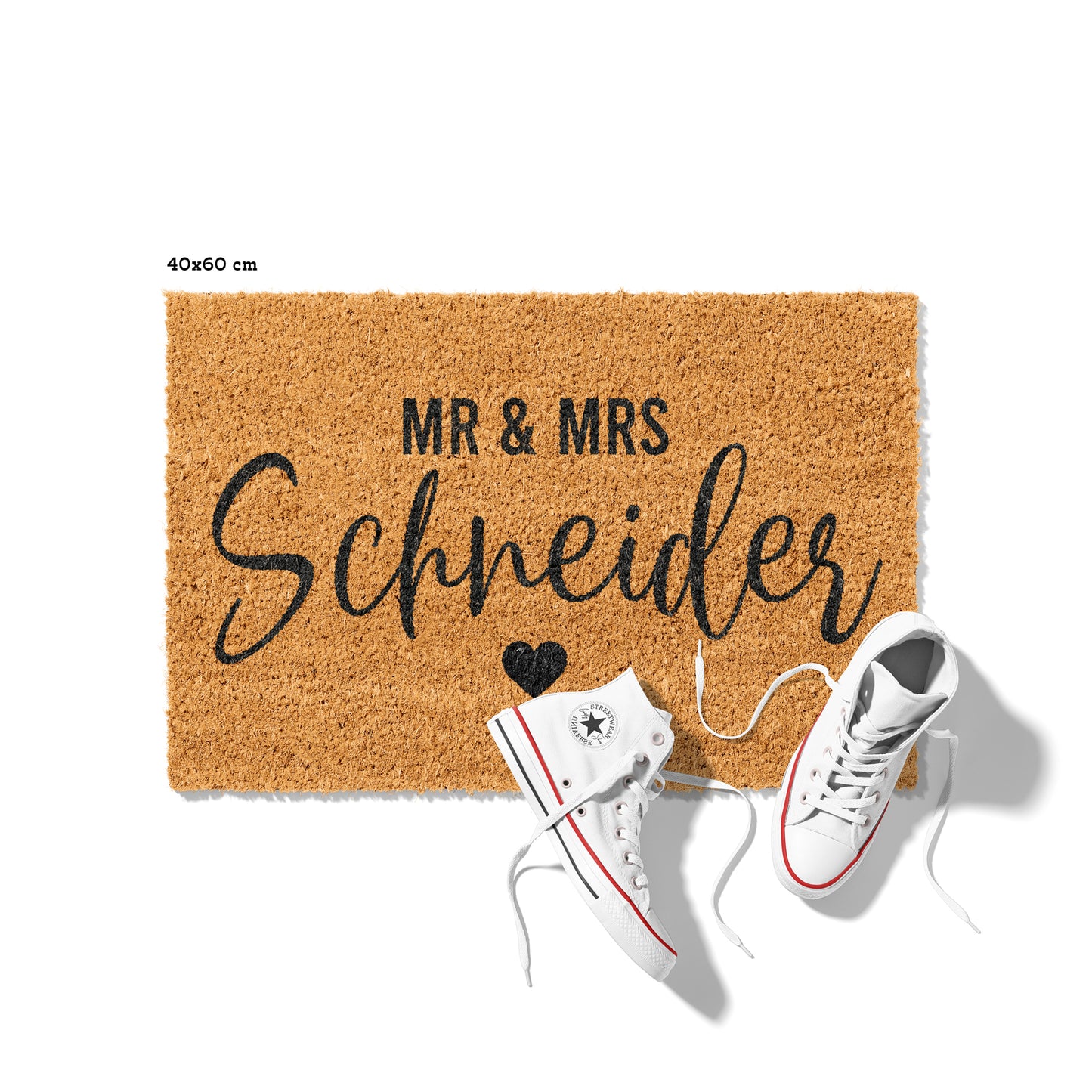 Personalisierbare Kokosmatte mit „Mr. & Mrs.“ und Familienname – Fußmatte aus Kokos für den Eingangsbereich