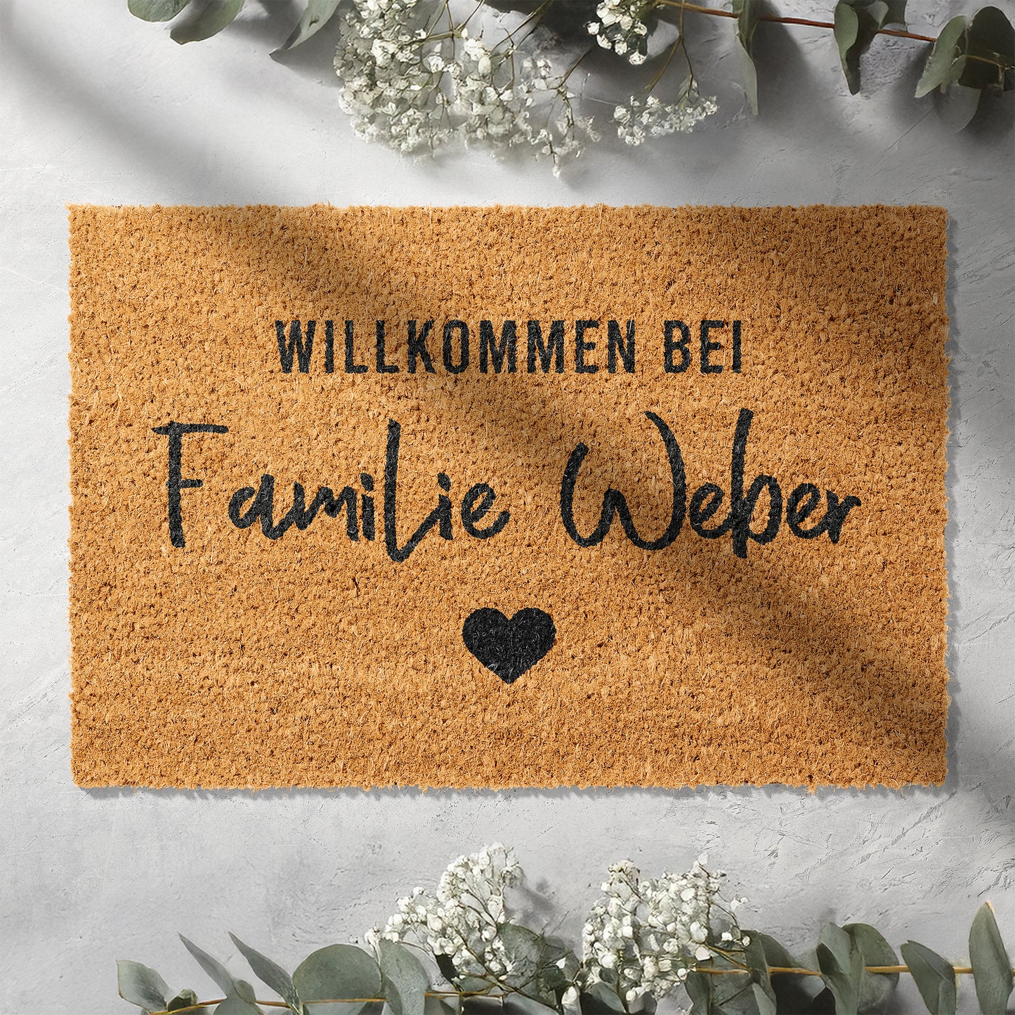 Personalisierbare Kokosmatte mit „Willkommen bei Familie“ – Fußmatte aus Kokos für den Eingangsbereich