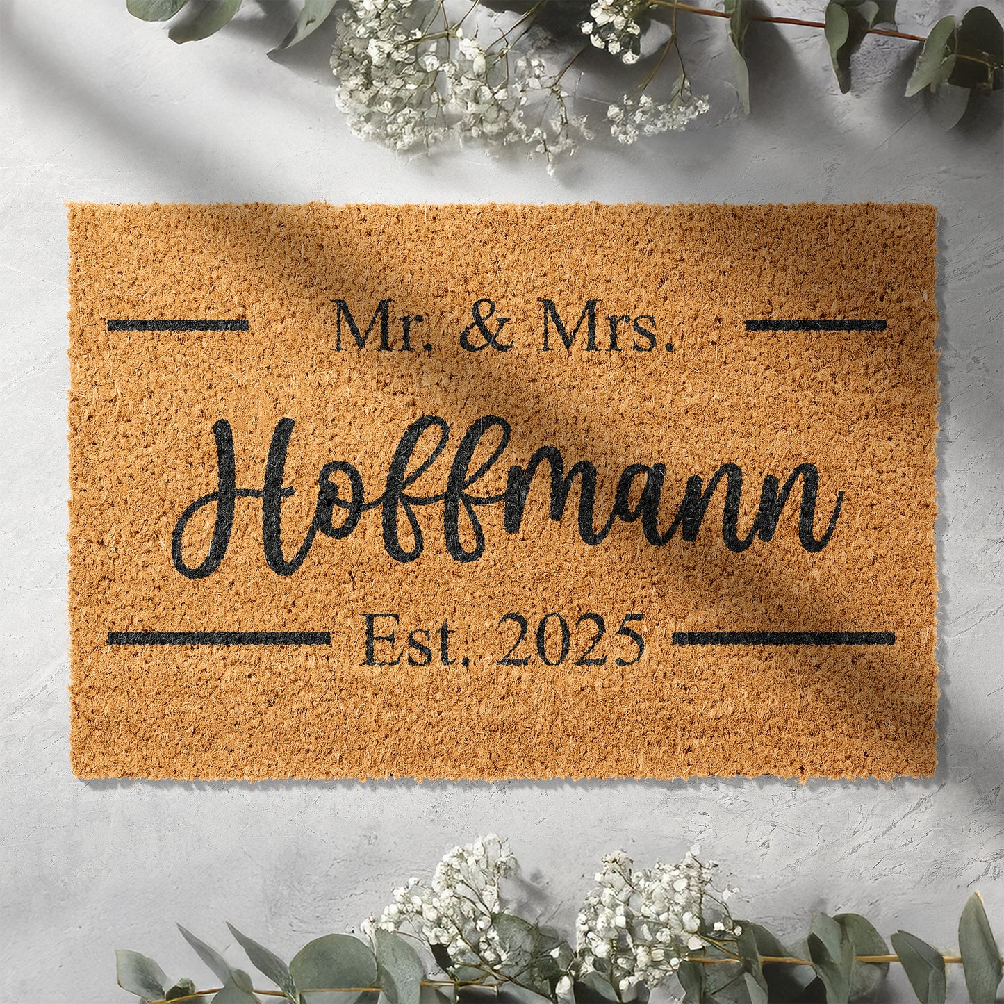 Personalisierbare Kokosmatte mit „Mr. & Mrs.“ und Hochzeitsdatum – Fußmatte aus Kokos für den Eingangsbereich