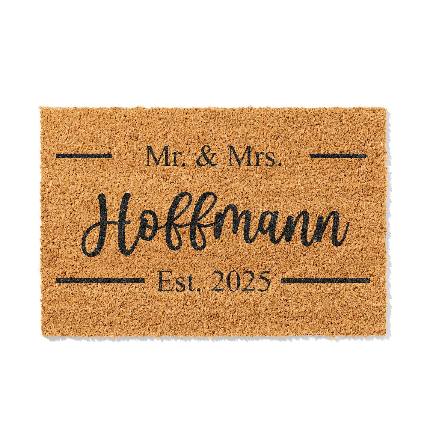 Personalisierbare Kokosmatte mit „Mr. & Mrs.“ und Hochzeitsdatum – Fußmatte aus Kokos für den Eingangsbereich