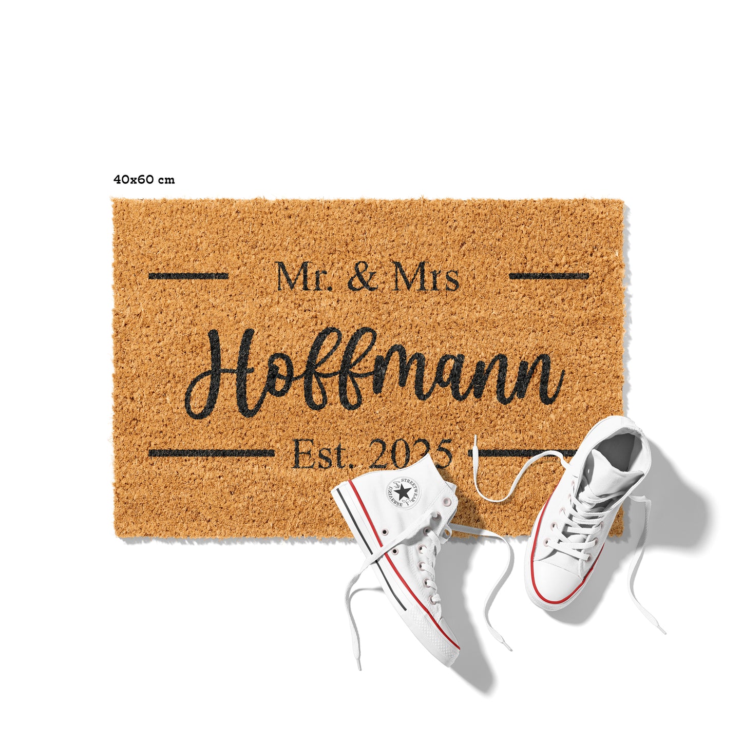 Personalisierbare Kokosmatte mit „Mr. & Mrs.“ und Hochzeitsdatum – Fußmatte aus Kokos für den Eingangsbereich