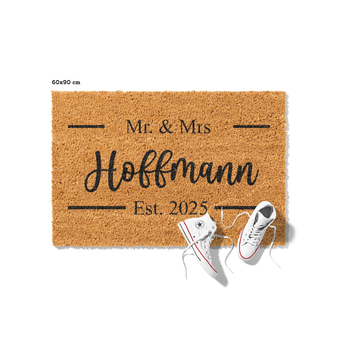 Personalisierbare Kokosmatte mit „Mr. & Mrs.“ und Hochzeitsdatum – Fußmatte aus Kokos für den Eingangsbereich