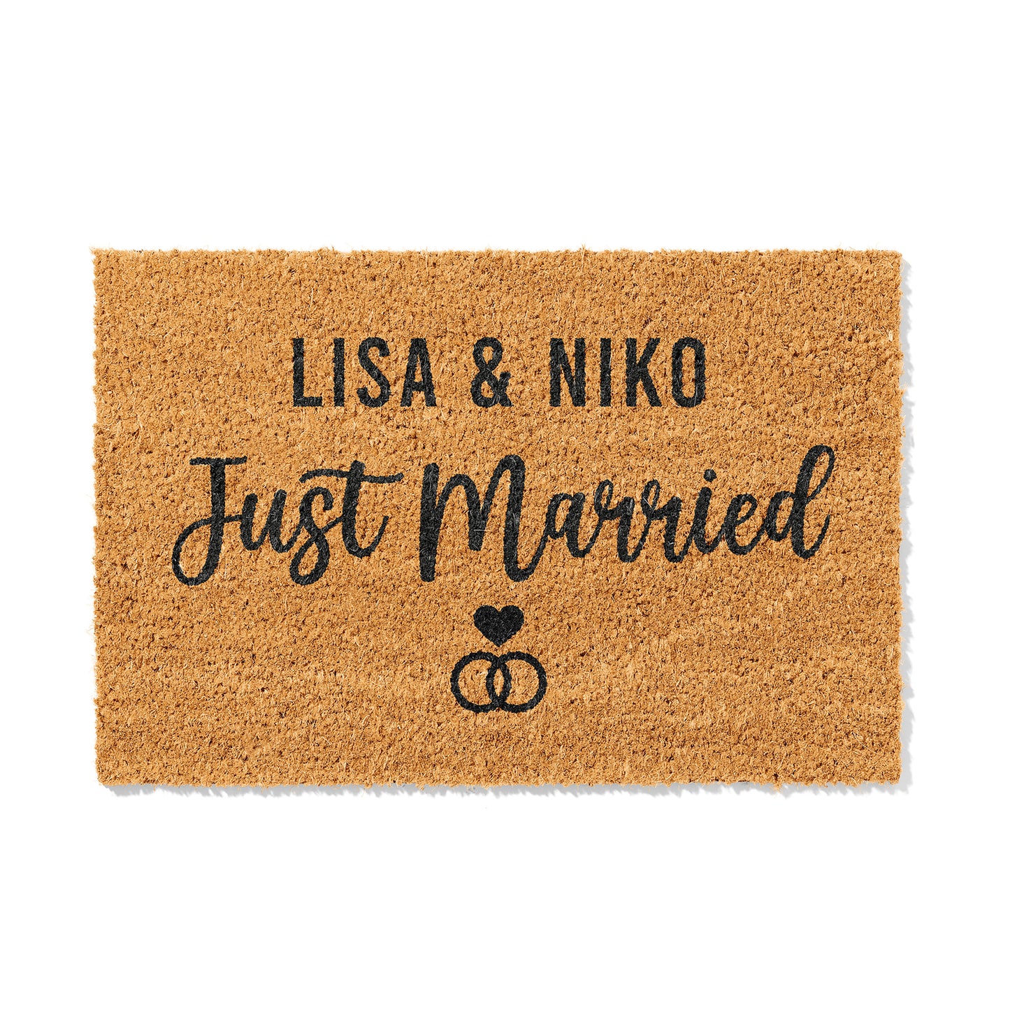 Personalisierbare Kokosmatte mit „Just Married“ und Namen – Fußmatte aus Kokos für frisch verheiratete Paare