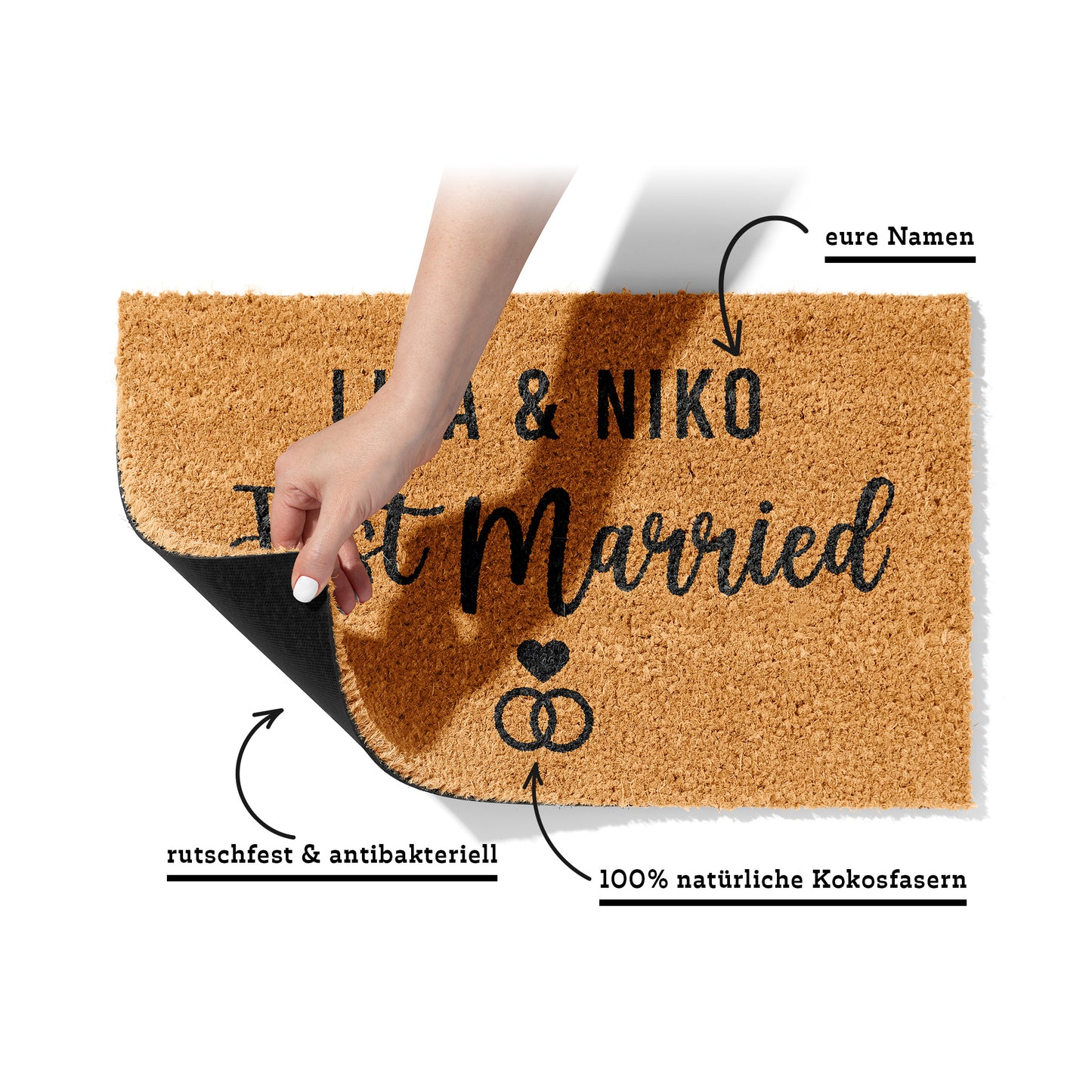 Personalisierbare Kokosmatte mit „Just Married“ und Namen – Fußmatte aus Kokos für frisch verheiratete Paare