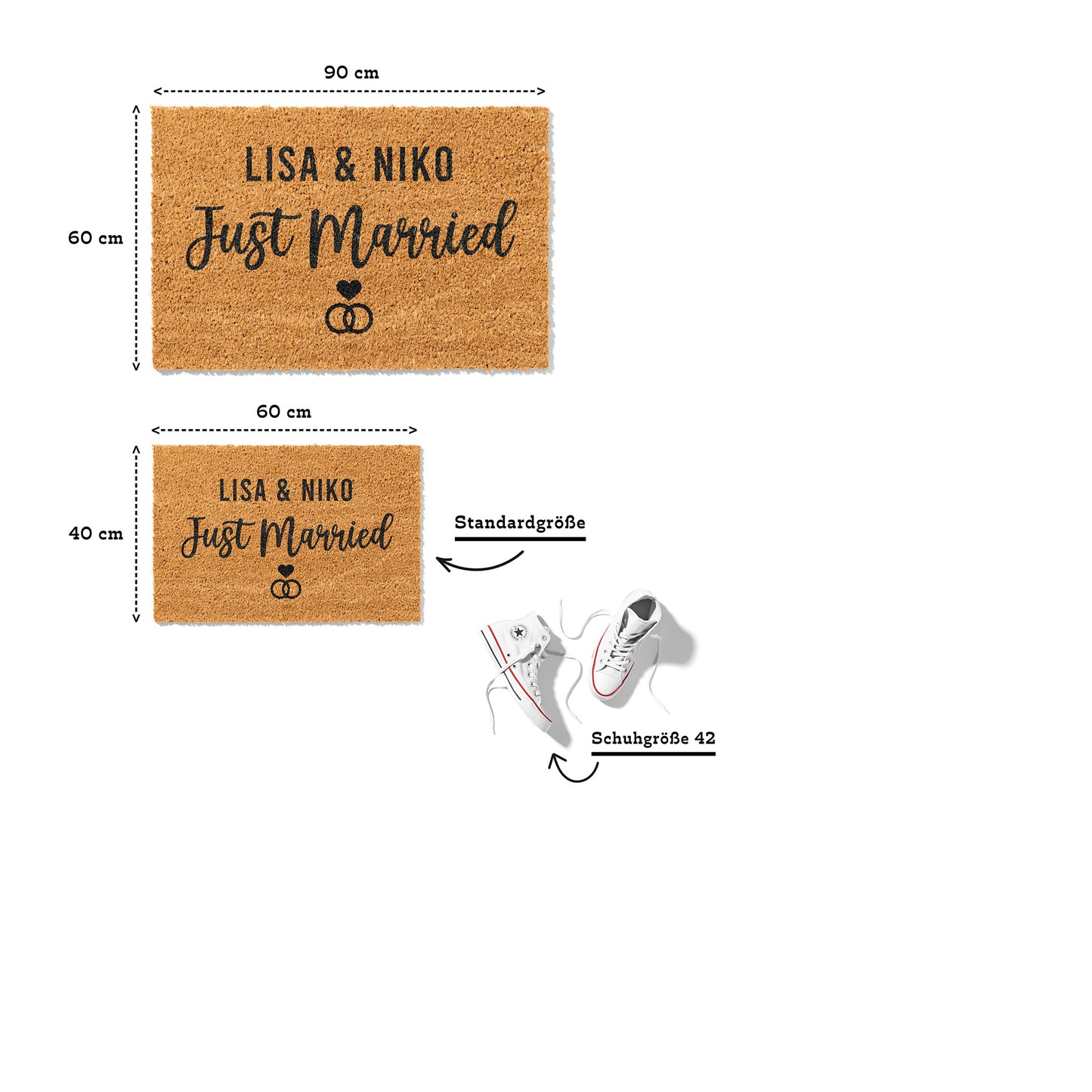Personalisierbare Kokosmatte mit „Just Married“ und Namen – Fußmatte aus Kokos für frisch verheiratete Paare