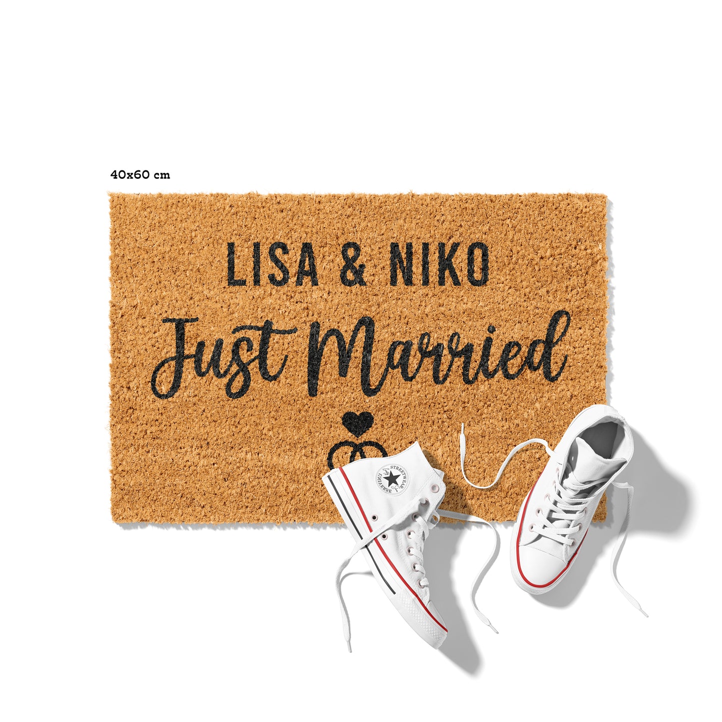 Personalisierbare Kokosmatte mit „Just Married“ und Namen – Fußmatte aus Kokos für frisch verheiratete Paare