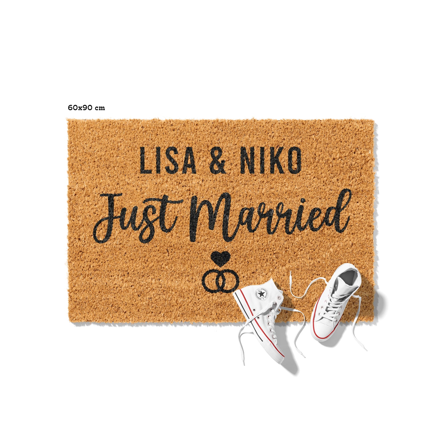 Personalisierbare Kokosmatte mit „Just Married“ und Namen – Fußmatte aus Kokos für frisch verheiratete Paare