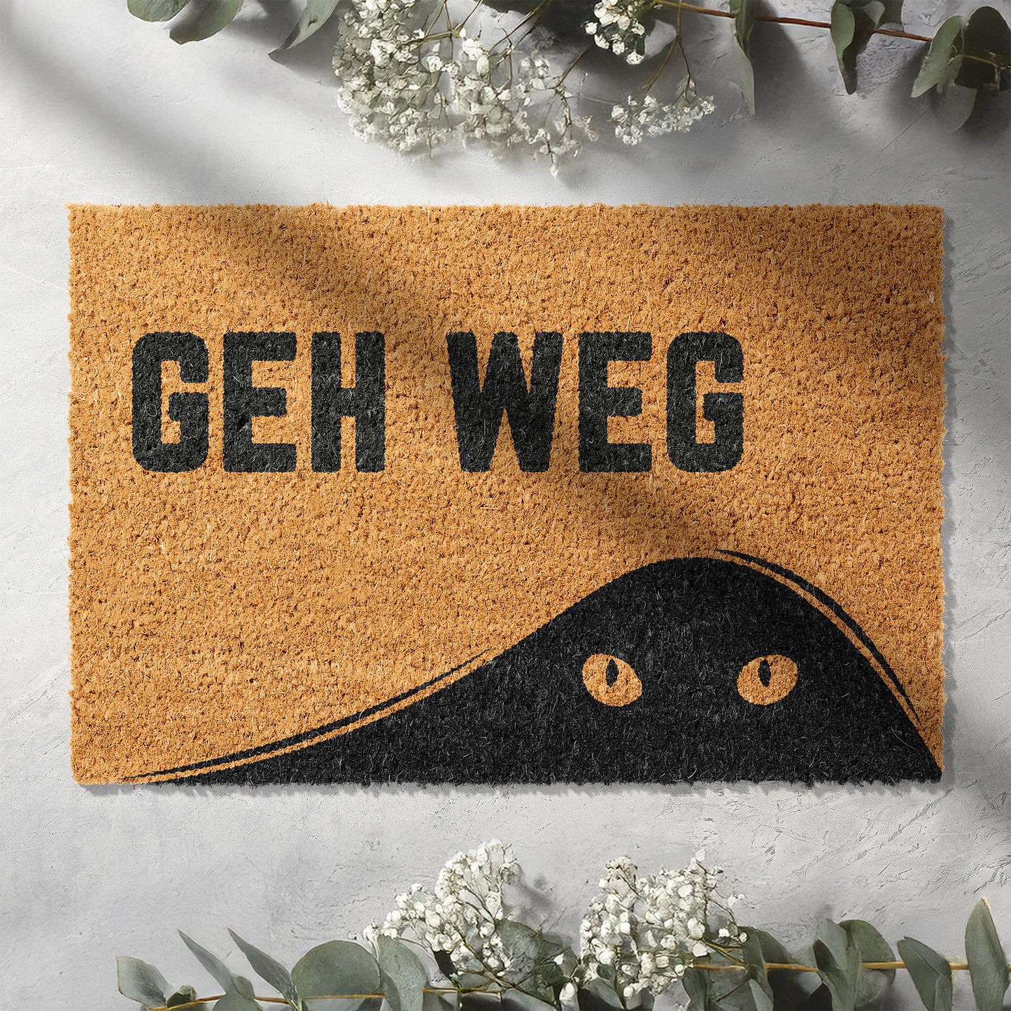 Kokosmatte mit „Geh Weg“ und Katzenmotiv – Lustige Fußmatte aus Kokos für den Eingangsbereich
