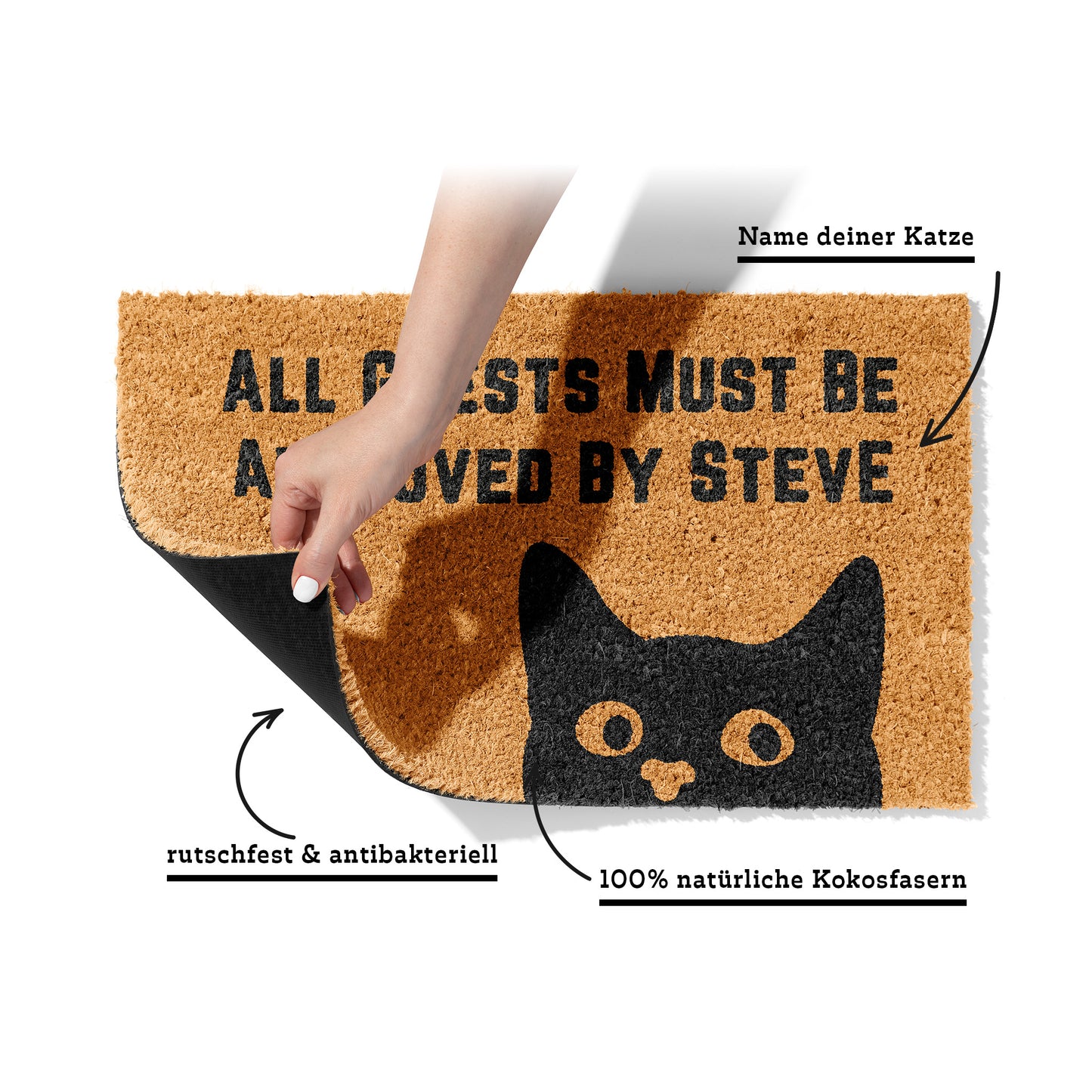 Personalisierbare Kokosmatte mit Katzenmotiv „All Guests Must Be Approved by“ – Lustige Fußmatte
