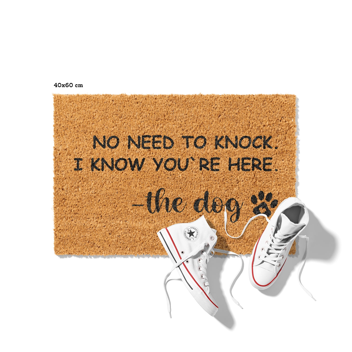Kokosmatte mit „No Need to Knock – I Know You’re Here“ – Lustige Fußmatte für Hundebesitzer