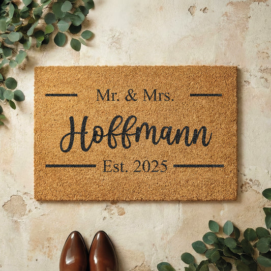 Fußmatte aus Kokos personalisierbar – Mr & Mrs Familienname mit Hochzeitsdatum