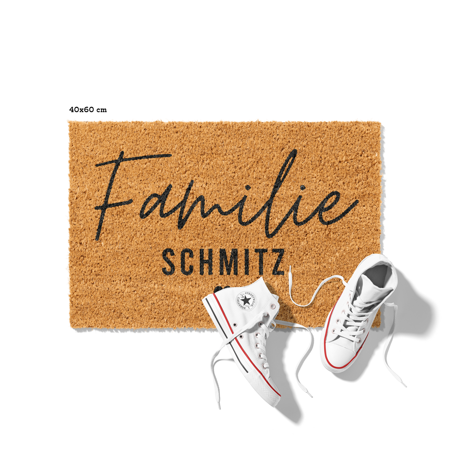 Fußmatte aus Kokos personalisierbar mit Familienname – Modernes Schriftdesign mit Herz