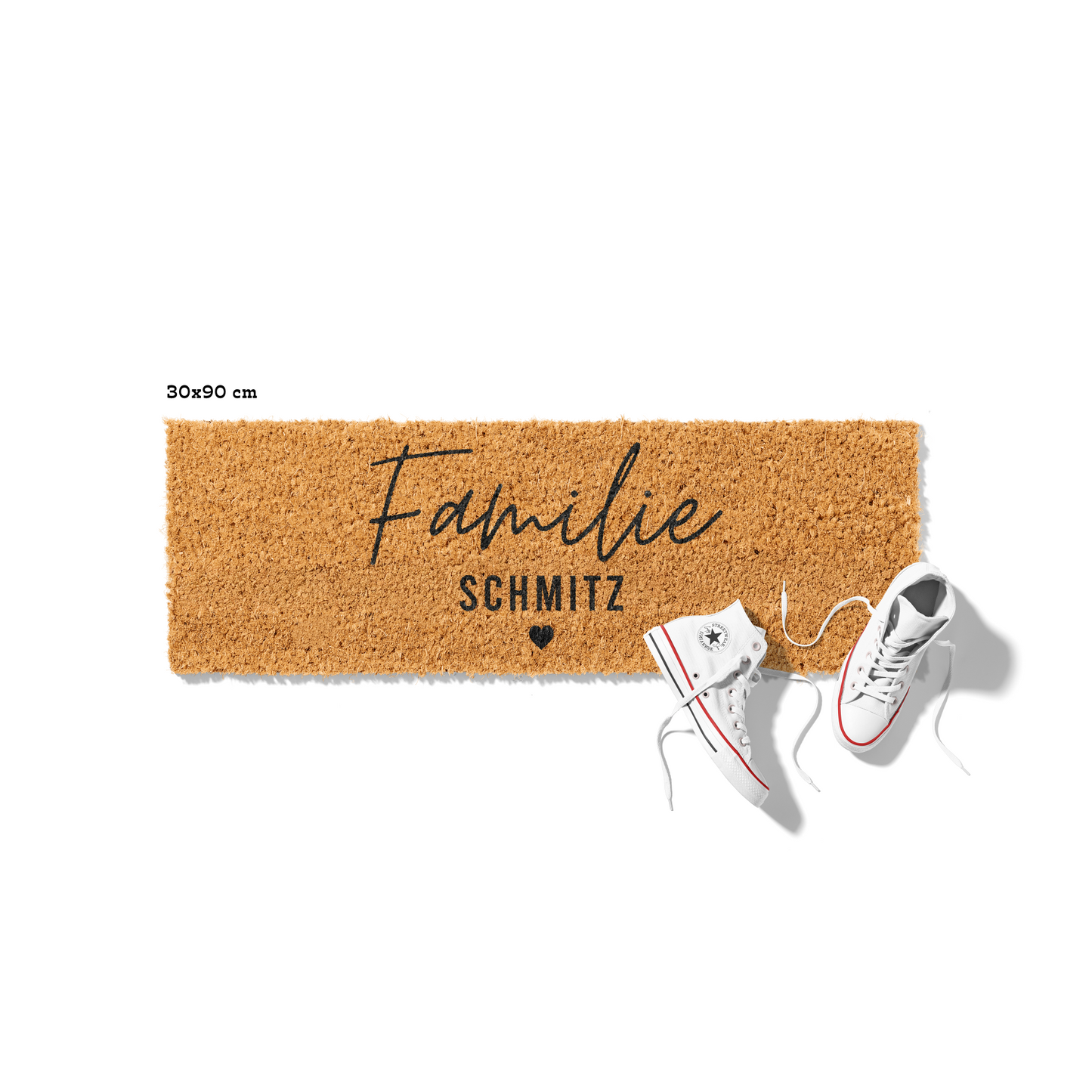 Fußmatte aus Kokos personalisierbar mit Familienname – Modernes Schriftdesign mit Herz