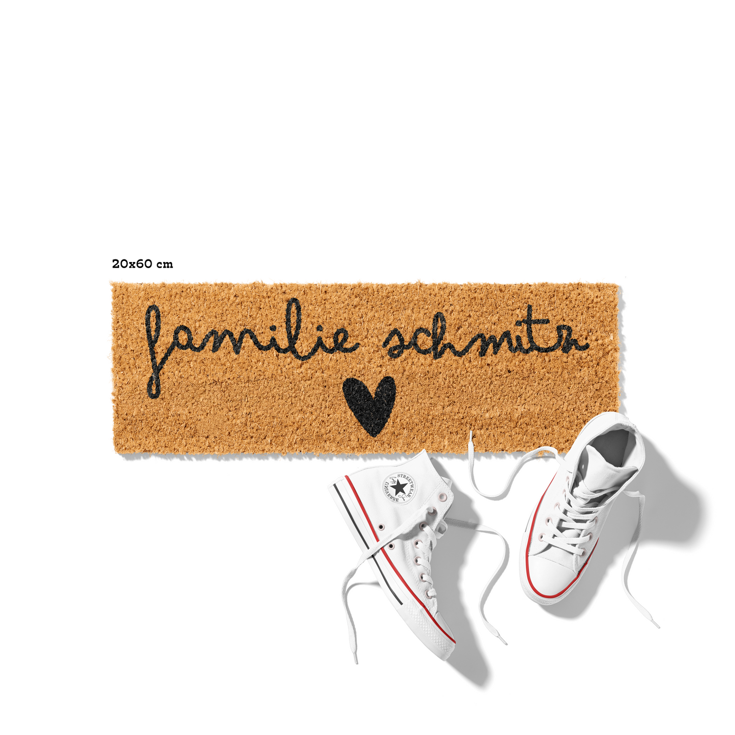 Fußmatte aus Kokos personalisierbar – Familienname im Scriptdesign mit Herz