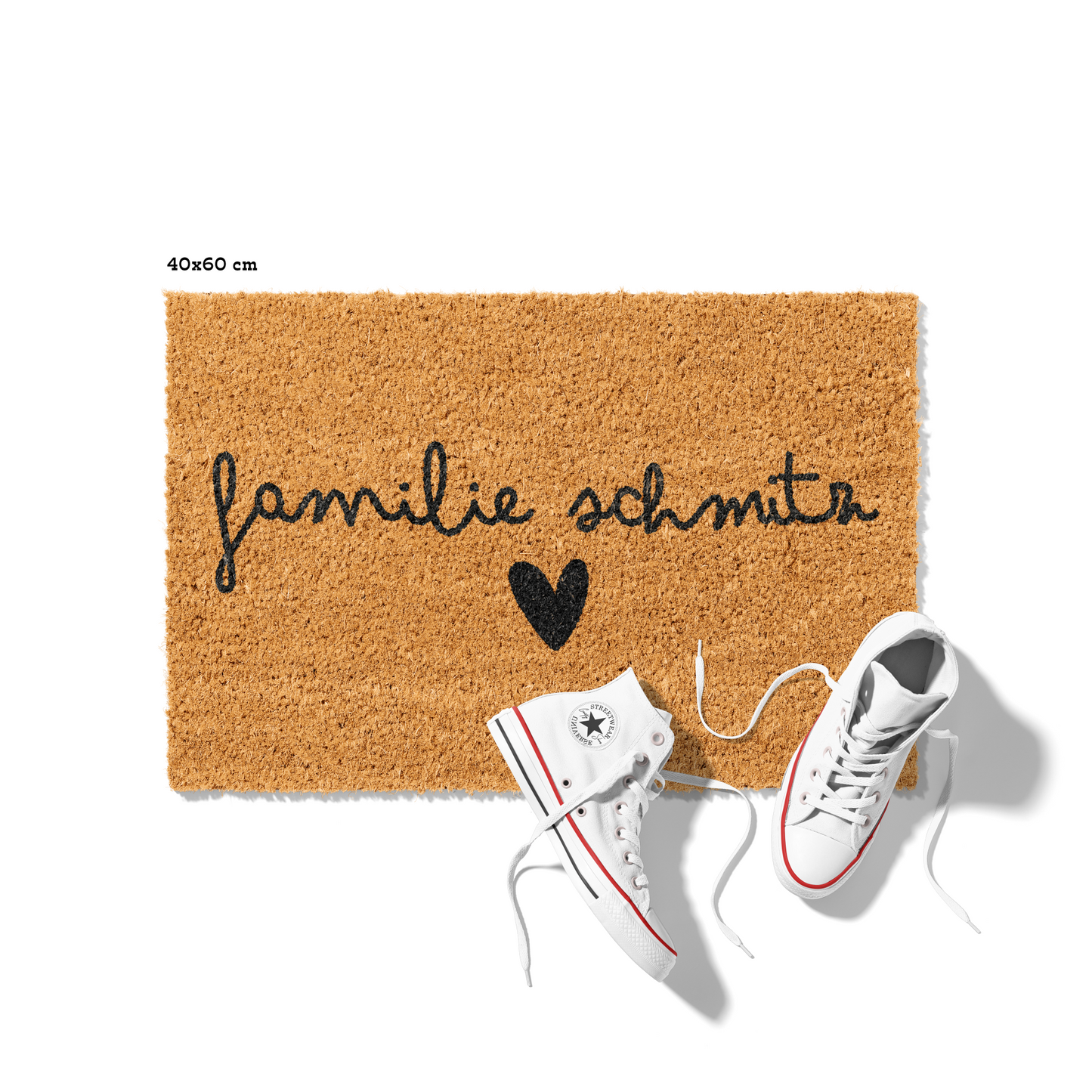 Fußmatte aus Kokos personalisierbar – Familienname im Scriptdesign mit Herz