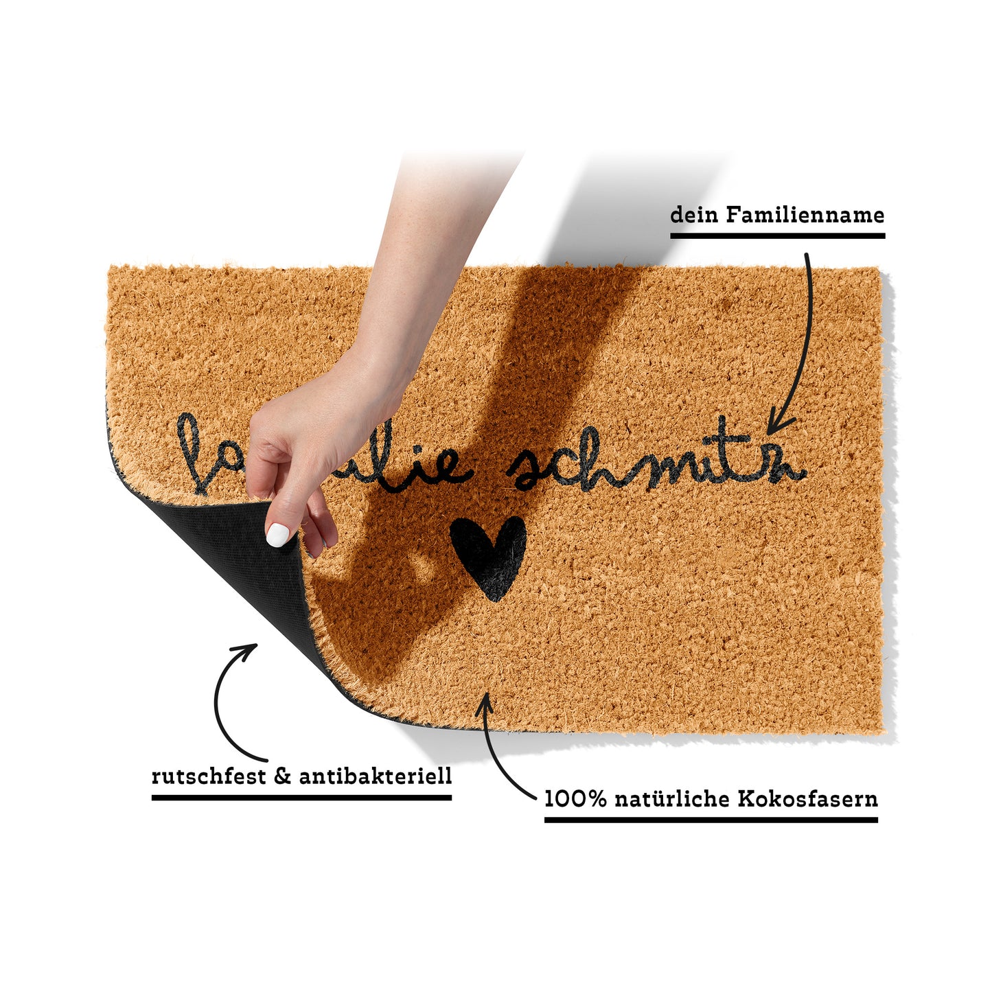 Fußmatte aus Kokos personalisierbar – Familienname im Scriptdesign mit Herz