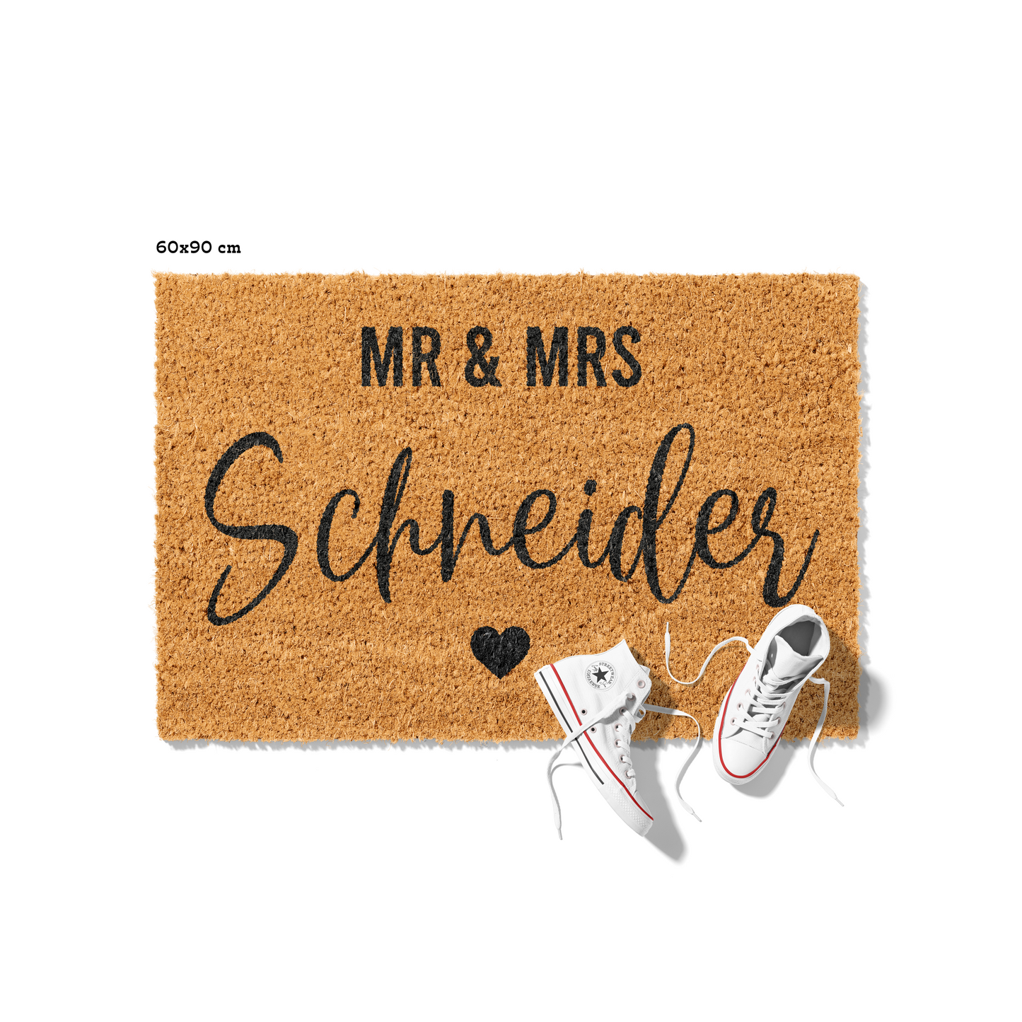 Fußmatte aus Kokos personalisierbar – Mr & Mrs Familienname mit Herz