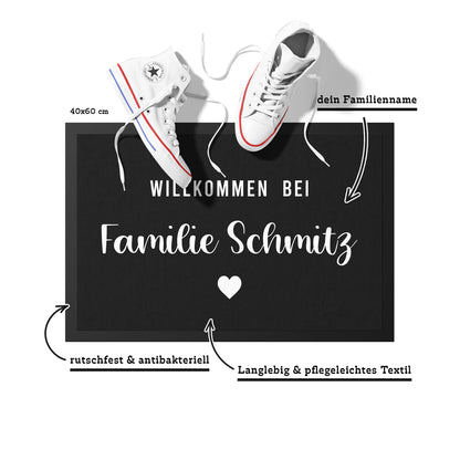 Stoff Fußmatte personalisierbar – Willkommen bei Familie mit Herz