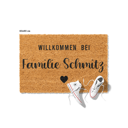 Fußmatte aus Kokos personalisierbar – Willkommen bei Familienname Klassik mit Herz