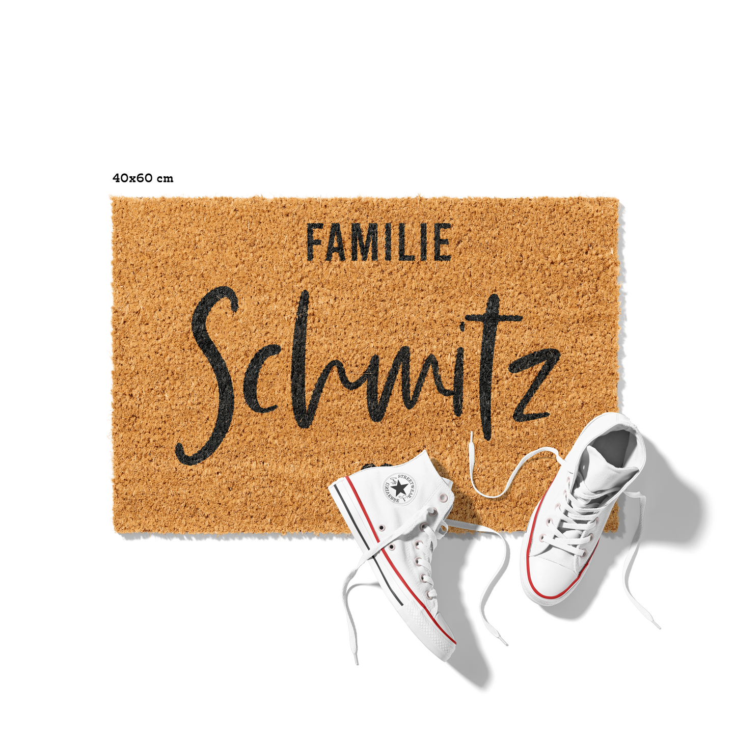 Fußmatte aus Kokos personalisierbar – Familienname im Bold-Design mit Herz