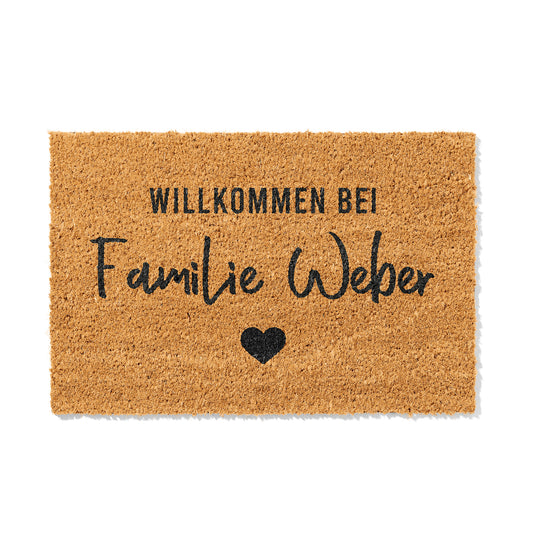 Personalisierbare Kokosmatte mit „Willkommen bei Familie“ – Fußmatte aus Kokos für den Eingangsbereich