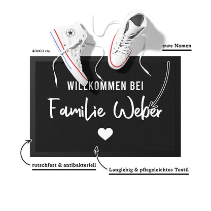 Stoff Fußmatte personalisierbar – Willkommen bei Familie mit Herz