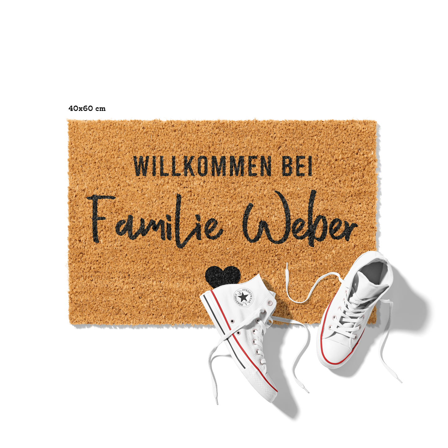 Fußmatte aus Kokos personalisierbar – Willkommen bei Familienname mit Herzschrift