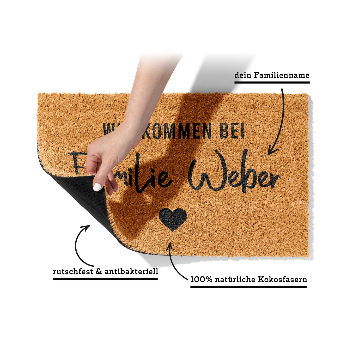 Fußmatte aus Kokos personalisierbar – Willkommen bei Familienname mit Herzschrift