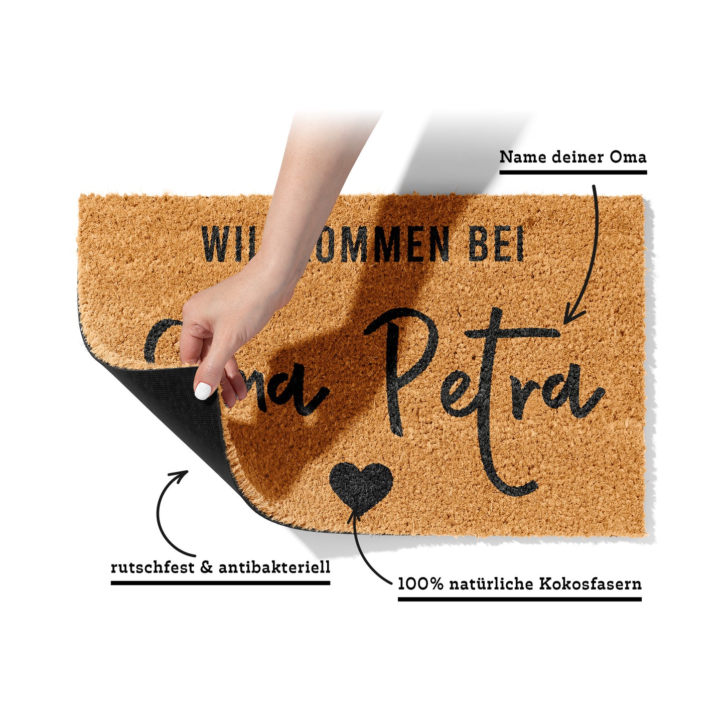 Fußmatte aus Kokos personalisierbar – Oma-Name Willkommen mit Herz