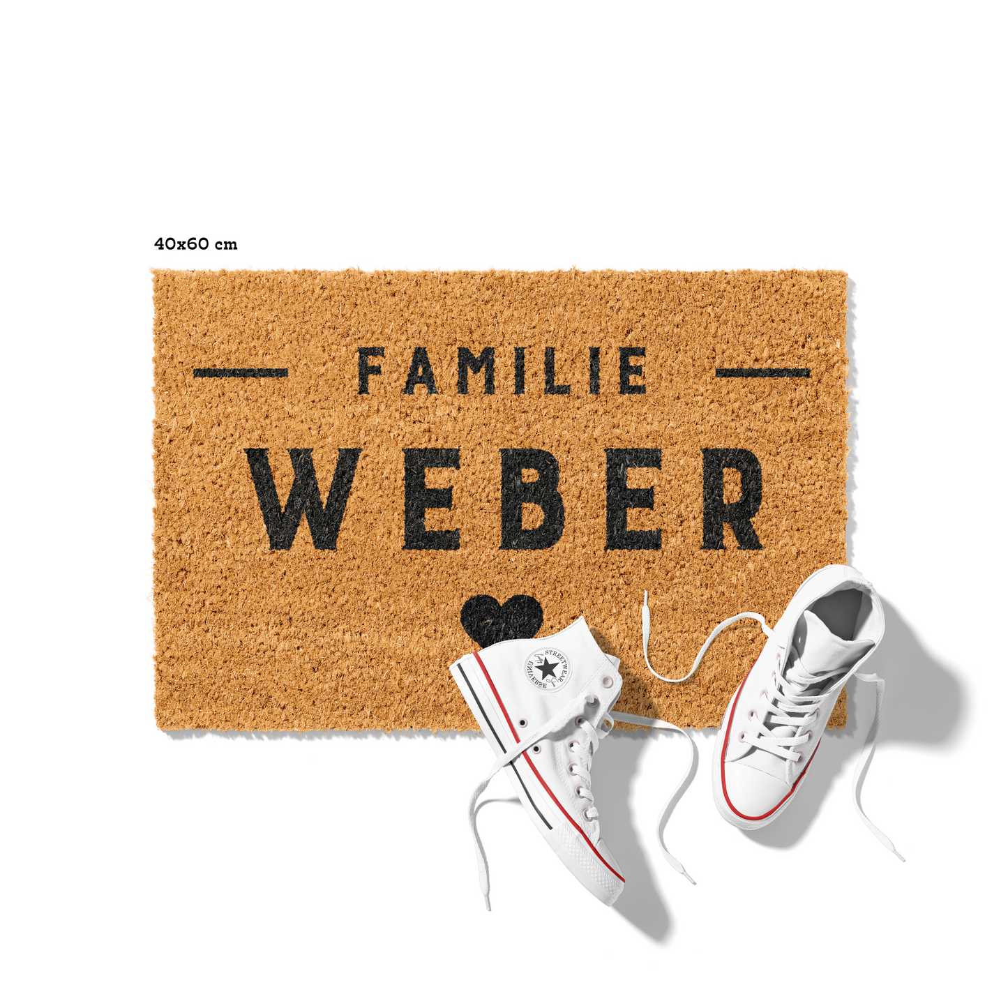 Fußmatte aus Kokos personalisierbar – Familienname Blockschrift mit Herz