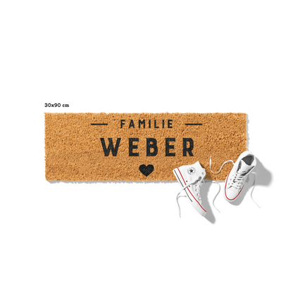 Fußmatte aus Kokos personalisierbar – Familienname Blockschrift mit Herz