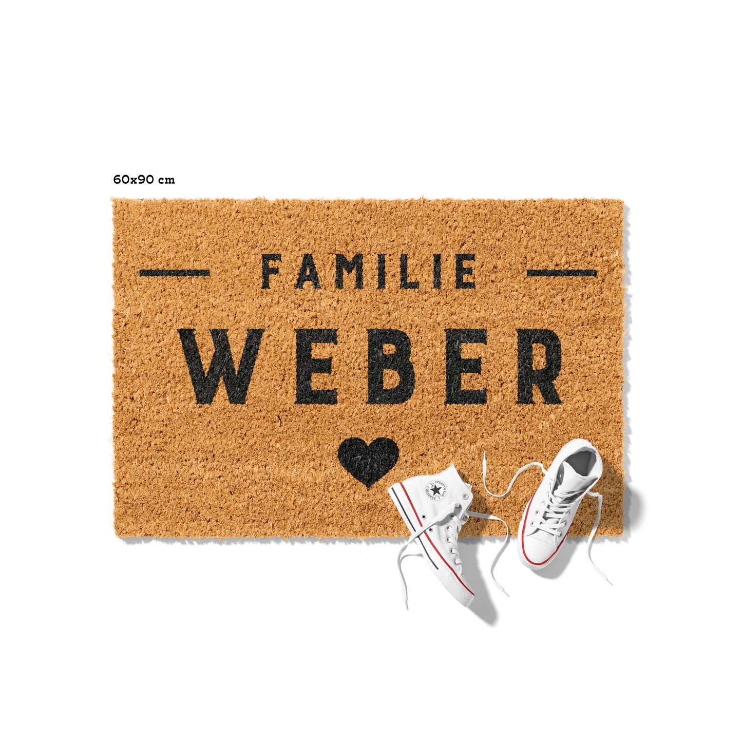 Fußmatte aus Kokos personalisierbar – Familienname Blockschrift mit Herz