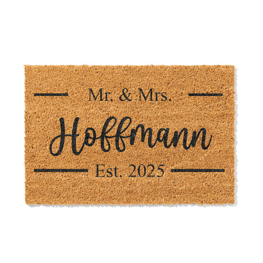 Personalisierbare Kokosmatte mit „Mr. & Mrs.“ und Hochzeitsdatum – Fußmatte aus Kokos für den Eingangsbereich