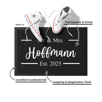 Stoff Fußmatte personalisierbar – Mr & Mrs mit Familienname und Hochzeitsdatum