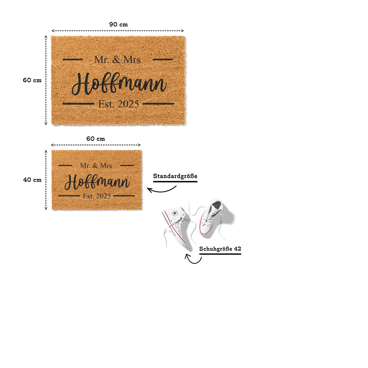 Personalisierbare Kokosmatte mit „Mr. & Mrs.“ und Hochzeitsdatum – Fußmatte aus Kokos für den Eingangsbereich