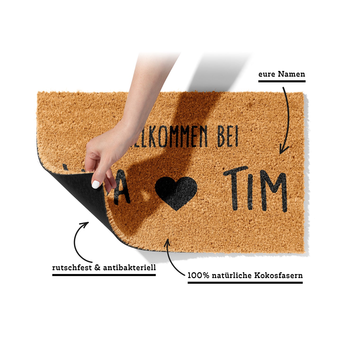Fußmatte aus Kokos personalisierbar – Willkommen bei Pärchennamen mit Herz