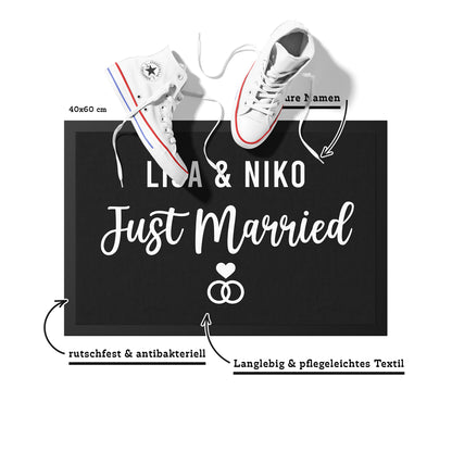 Stoff Fußmatte personalisierbar – Hochzeitsgeschenk „Just Married“ mit Pärchennamen