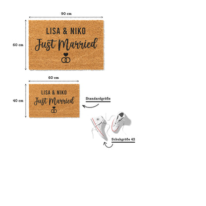 Fußmatte aus Kokos Hochzeitsgeschenk personalisierbar – Pärchennamen „Just Married"