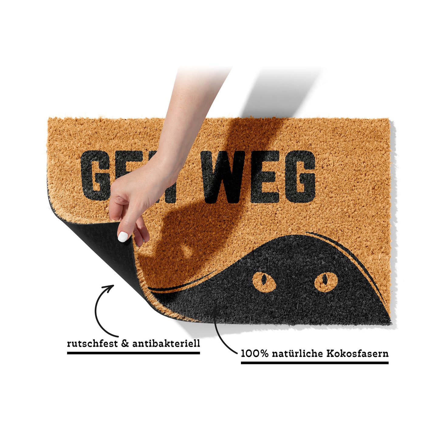Kokosmatte mit „Geh Weg“ und Katzenmotiv – Lustige Fußmatte aus Kokos für den Eingangsbereich