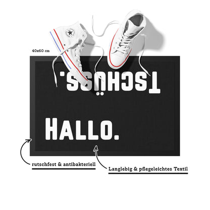 Stoff Fußmatte – „Hallo. Tschüss.“ Kontrast-Design