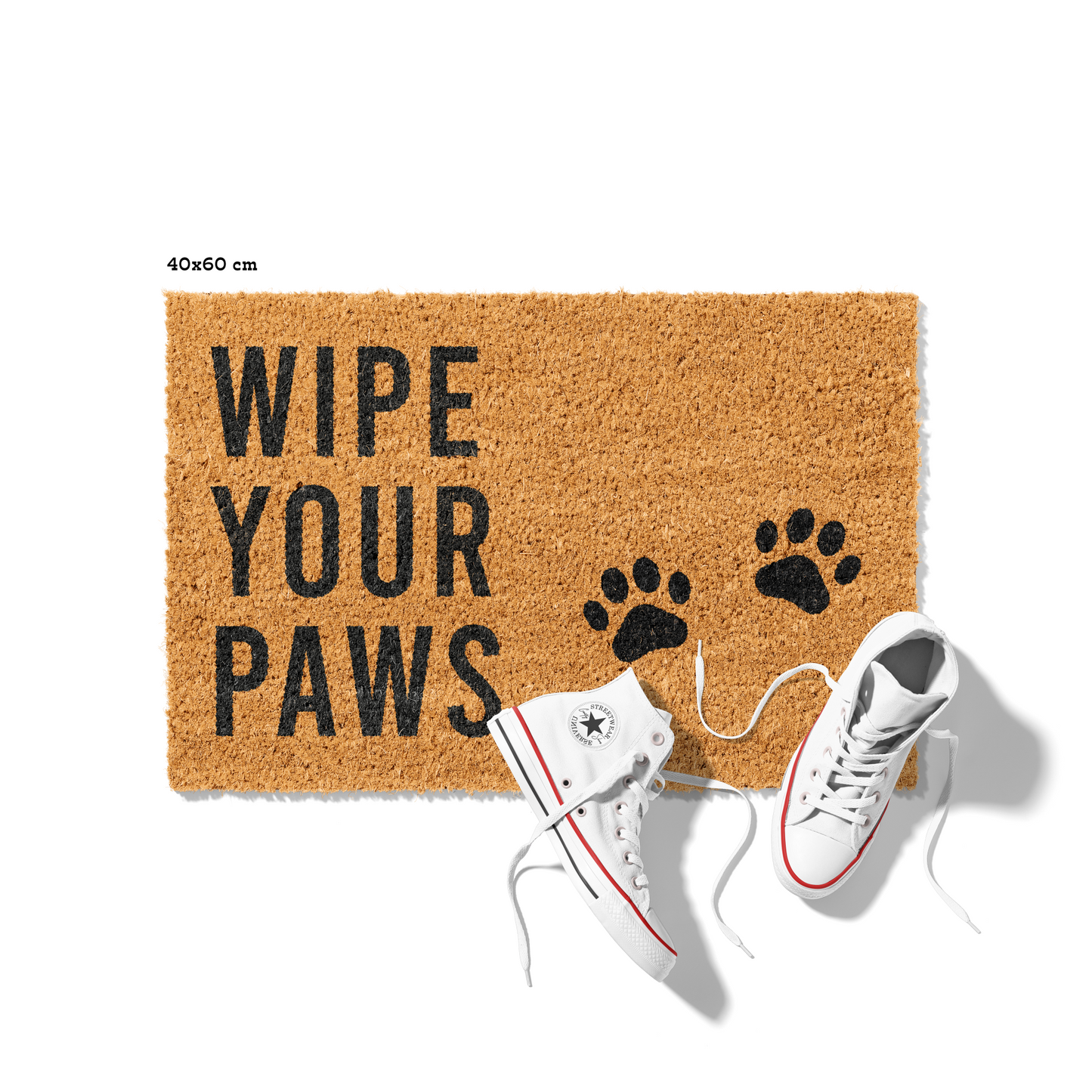Fußmatte aus Kokos mit lustigem Spruch – „Wipe Your Paws" mit Pfoten