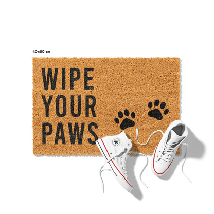 Fußmatte aus Kokos mit lustigem Spruch – „Wipe Your Paws" mit Pfoten