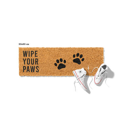 Fußmatte aus Kokos mit lustigem Spruch – „Wipe Your Paws" mit Pfoten