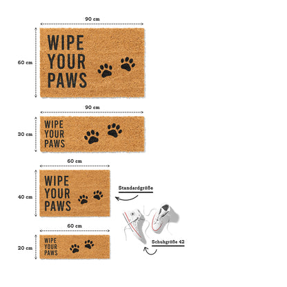 Fußmatte aus Kokos mit lustigem Spruch – „Wipe Your Paws" mit Pfoten