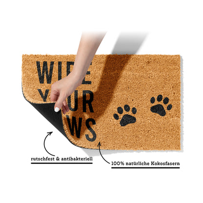 Fußmatte aus Kokos mit lustigem Spruch – „Wipe Your Paws" mit Pfoten