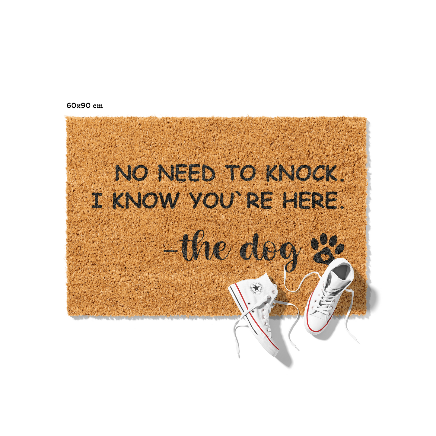 Fußmatte aus Kokos mit lustigem Spruch – Hundemotiv „No Need to Knock"