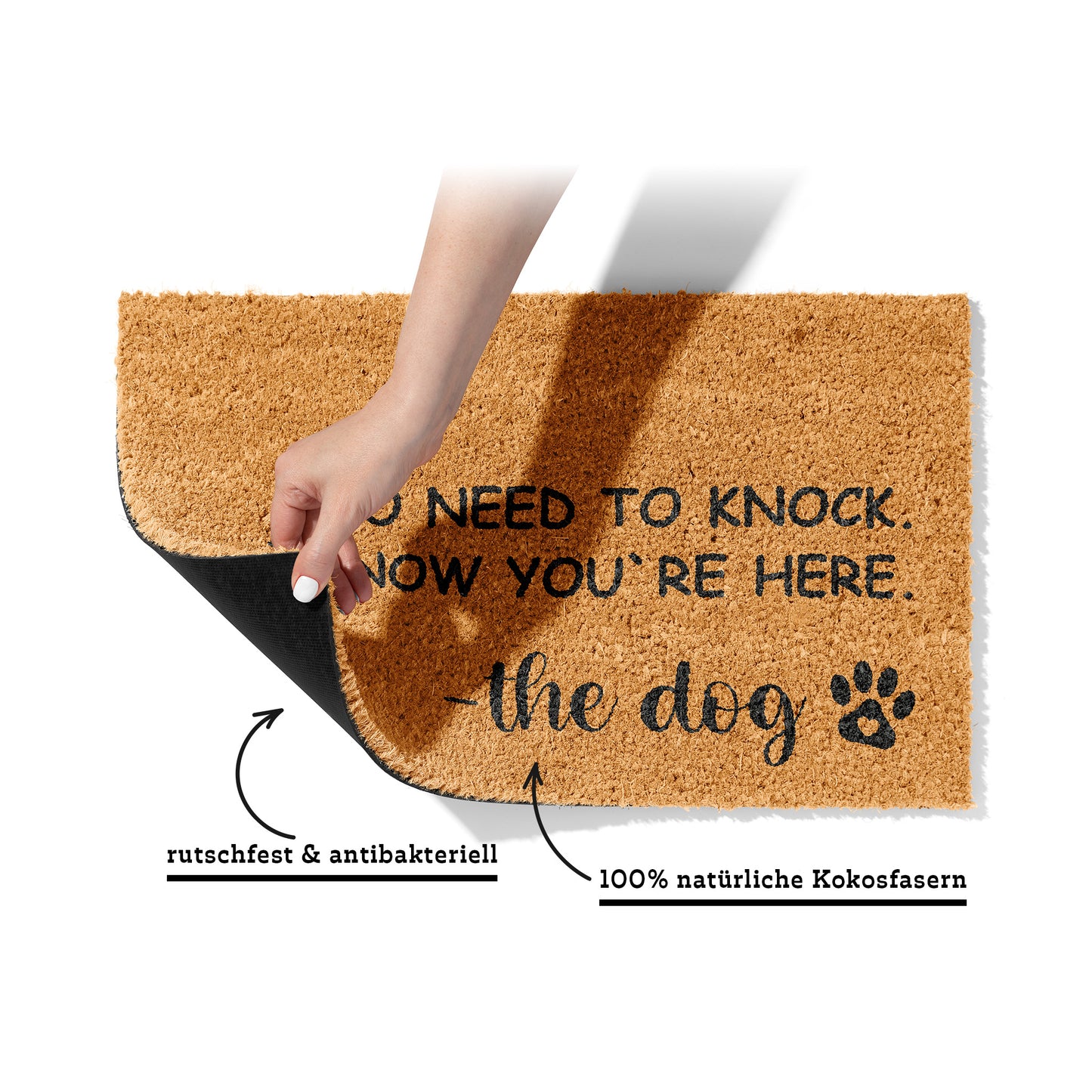 Fußmatte aus Kokos mit lustigem Spruch – Hundemotiv „No Need to Knock"