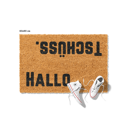 Fußmatte aus Kokos mit lustigem Spruch – „Hallo Tschüss"